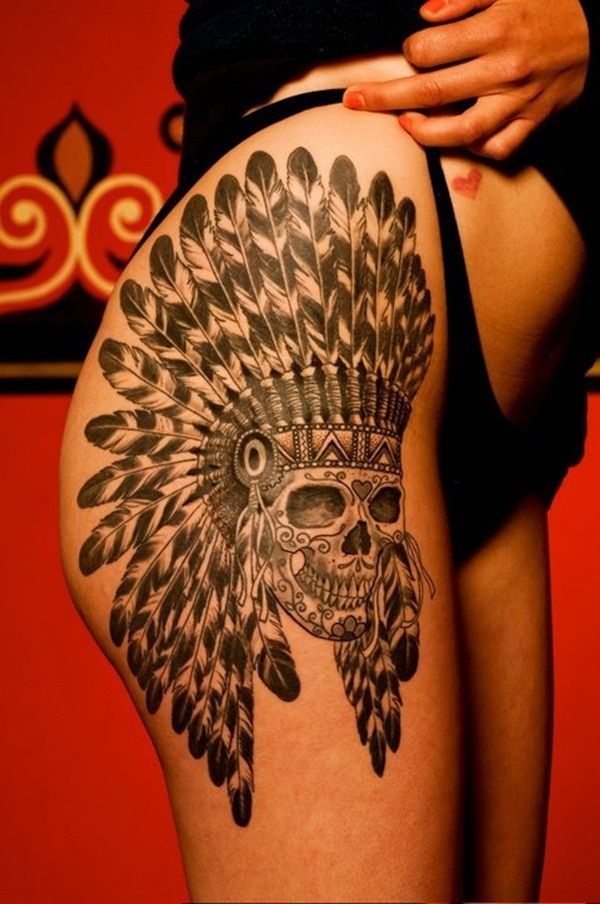 Black and Grey feather and skull tattoo design for women on thigh tattoo ideas