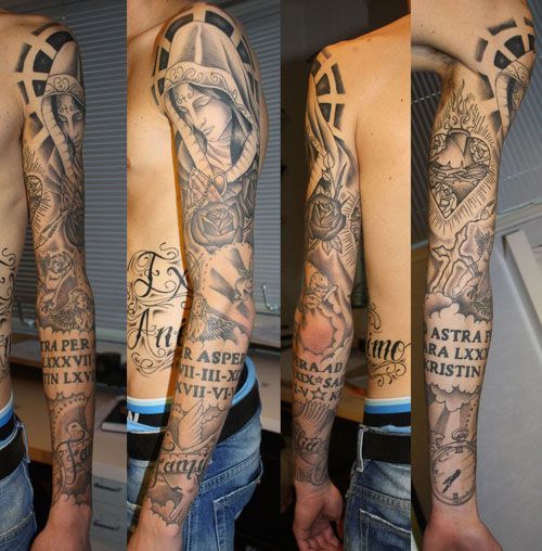 Traditional realism angel and rose full sleeve tattoo design for men with a clock and cross tattoo ideas