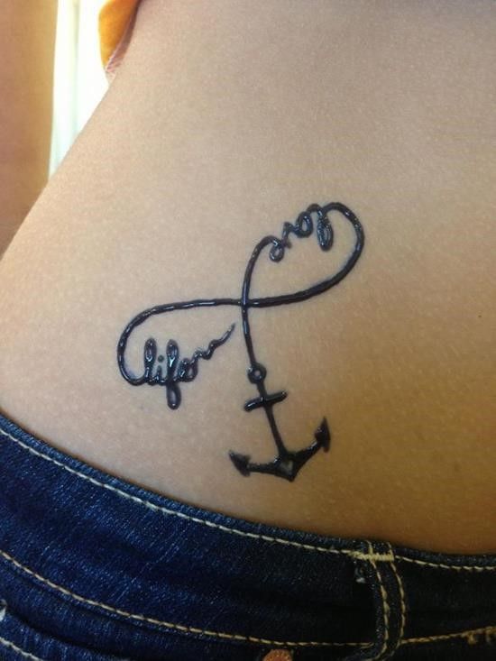 Infinity anchor and word tattoo design for women on hip tattoo ideas