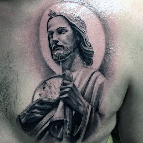 Realistic Jesus religious tattoo design for men on chest tattoo ideas