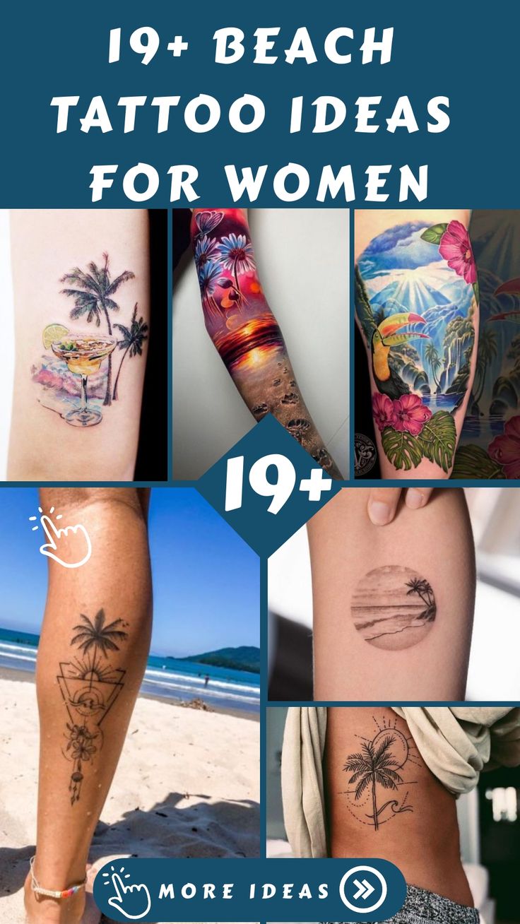 Beach tattoo ideas for women, palm Trees, sun and ocean themes tattoo ideas