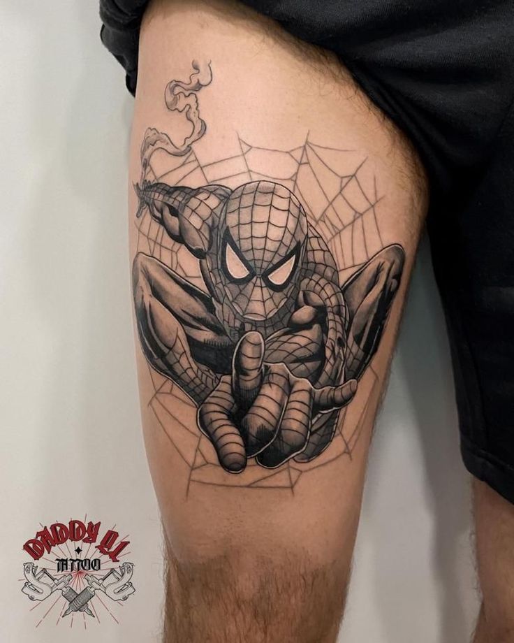 Realistic Spider-Man tattoo design for men on thigh tattoo ideas
