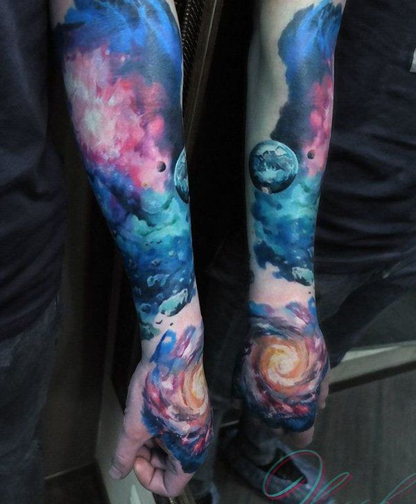 Watercolor space and galaxy tattoo design for men and women on forearm and hand tattoo ideas
