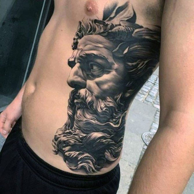 Realistic Greek god tattoo design for men on rib tattoo ideas