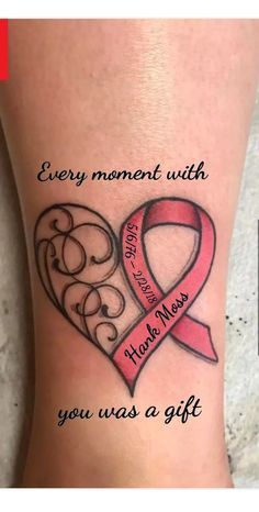 Script tattoo design with heart and pink ribbon for women on ankle tattoo ideas