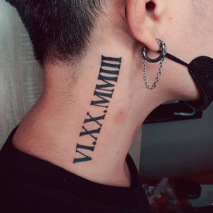 Roman numeral script tattoo design for men on neck tattoo ideas