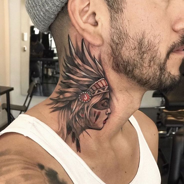 Black and Grey headdress woman tattoo design for women on neck tattoo ideas