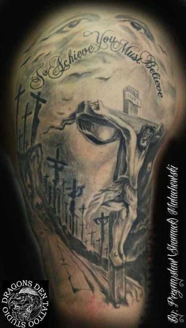 Realistic Jesus cross tattoo design with quote for men and women on shoulder tattoo ideas