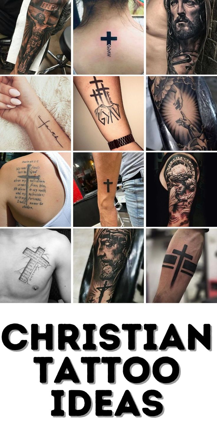 Christian religious tattoo design for men and women featuring crosses and Jesus on arm and chest tattoo ideas