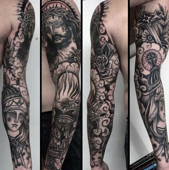 Traditional Jesus, rose, and eye full sleeve tattoo design for men arm tattoo ideas