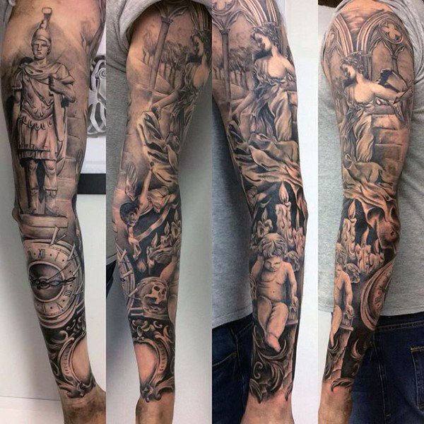Realistic angel, clock, and Saint Michael tattoo design for men on full sleeve tattoo ideas