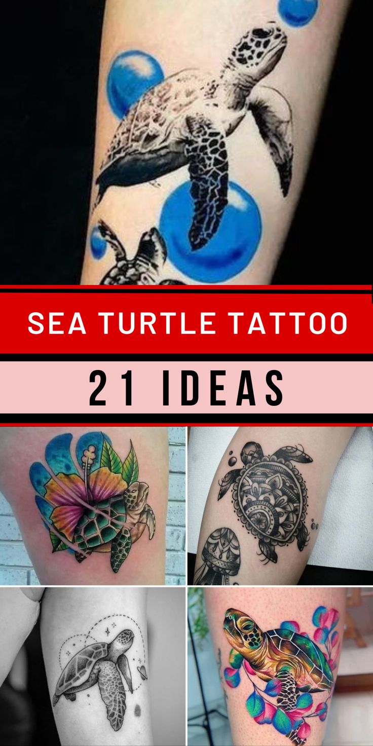 Colorful turtle and flower tattoo design for women on arm and thigh, realistic and sketch styles tattoo ideas