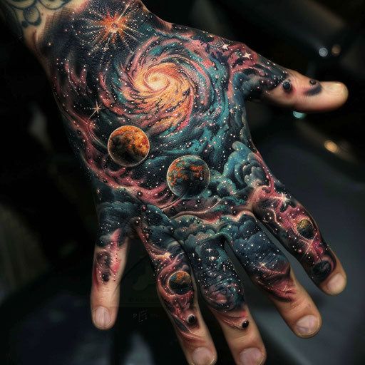 Realistic space and galaxy tattoo design for men and women on hand tattoo ideas