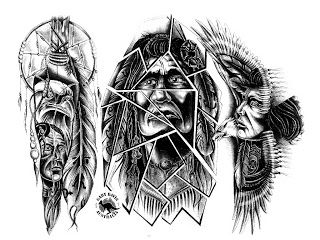 Blackwork native american and feather tattoo design for men in a full sleeve tattoo ideas
