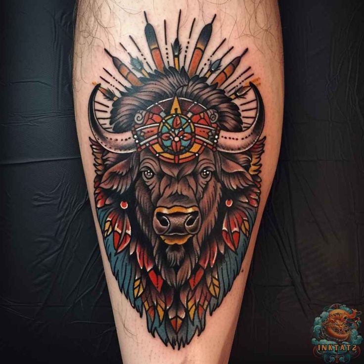 Traditional bull and feather tattoo design for men on leg tattoo ideas