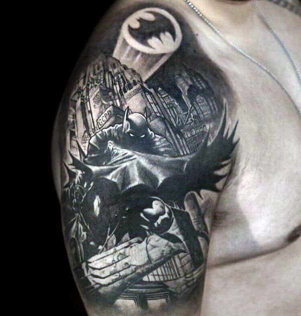 Realistic Batman and Joker tattoo design for men on arm and shoulder tattoo ideas