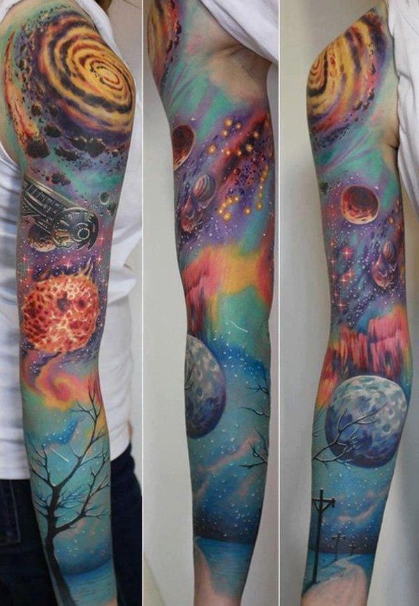Realistic galaxy and moon tattoo design for men in full sleeve tattoo ideas