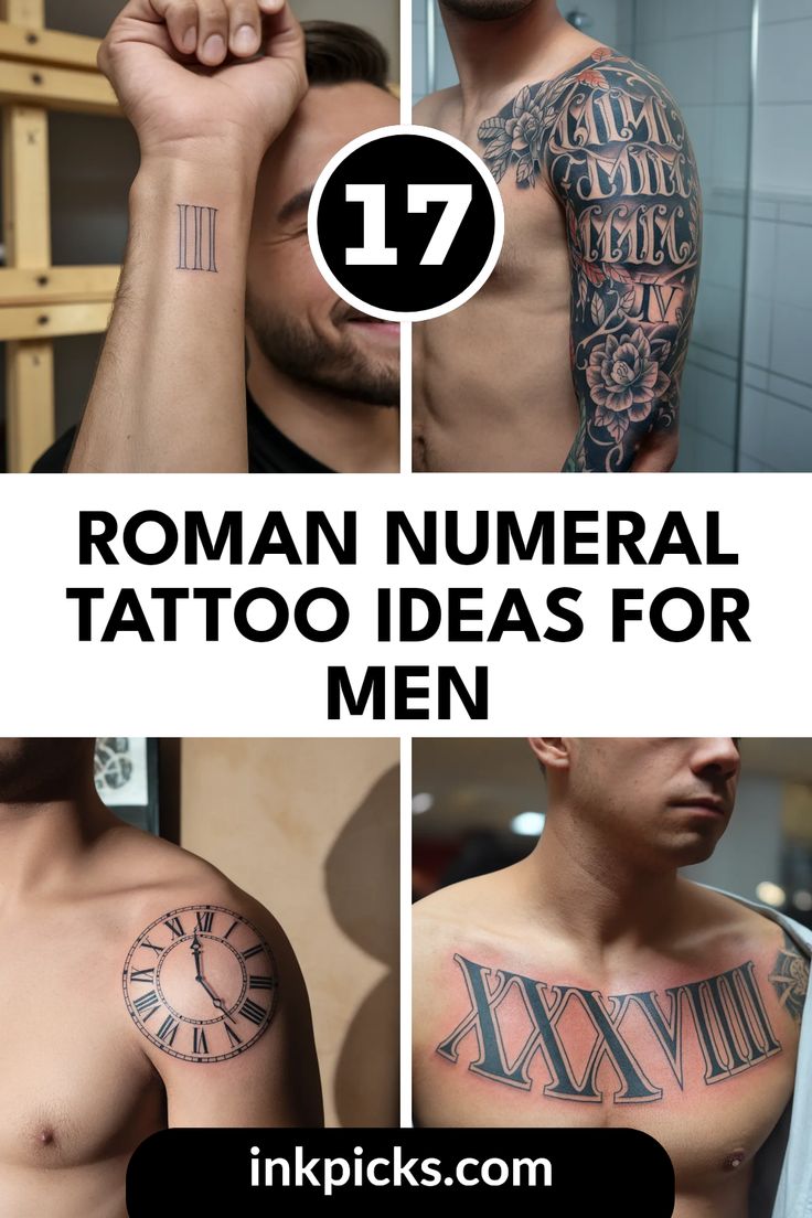 Roman numeral and clock tattoo designs for men, featuring wrist, full sleeve, shoulder, and chest placements tattoo ideas