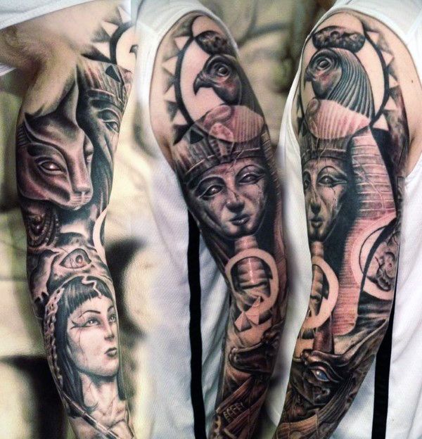 Realistic cat, eagle, and god tattoo design for men and women on full sleeve tattoo ideas