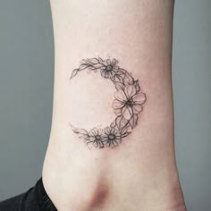 Fine line moon and floral tattoo design for women on ankle tattoo ideas