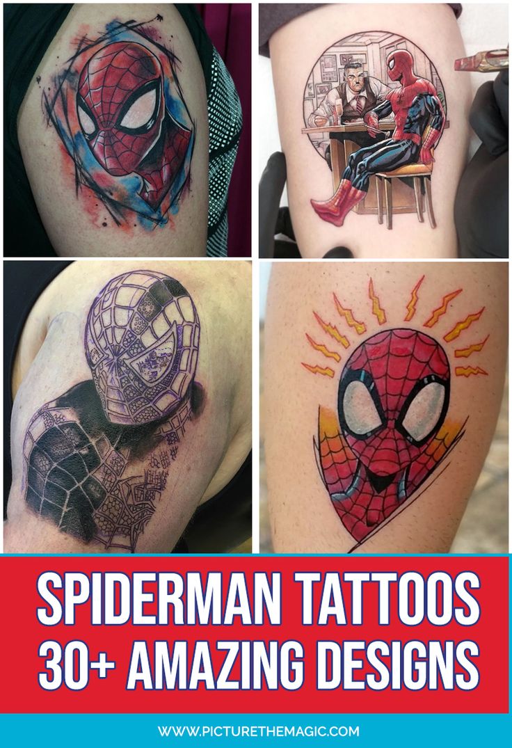 Spider-Man tattoo design inspiration for guys and ladies, featuring watercolor and realism styles on arm and thigh tattoos tattoo ideas