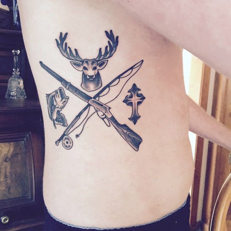 Deer, fish, cross tattoo idea for men and women with hunting gear tattoo ideas