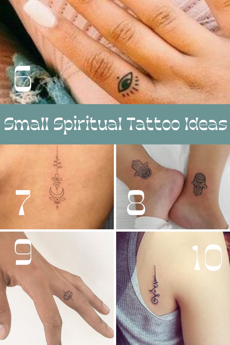 Minimalist spiritual tattoo design with eye, moon, lotus, Hamsa Hand, Unam for women, men tattoo ideas