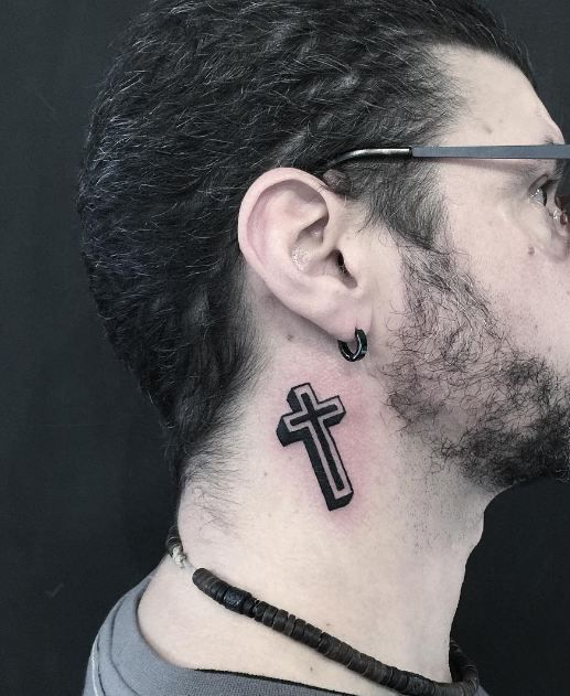 Black and Grey cross tattoo design for men on neck tattoo ideas