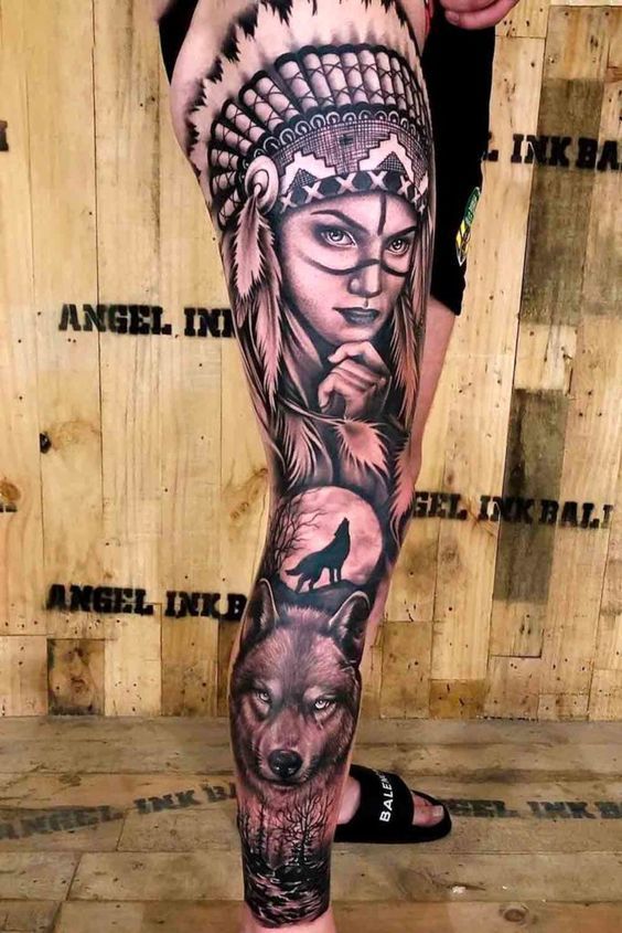 A realism tattoo design of a Native American woman with a wolf in forest for men on leg tattoo ideas