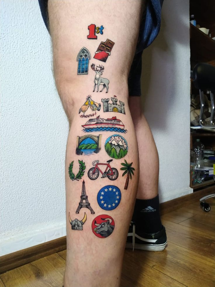 Traditional crown and castle tattoo design for men on leg tattoo ideas