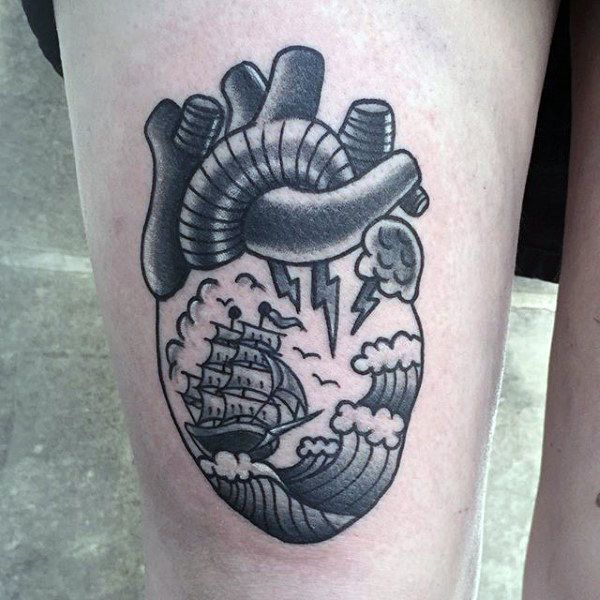 Traditional heart tattoo design with ship, clouds and lightning, suitable for men and women, on thigh tattoo ideas