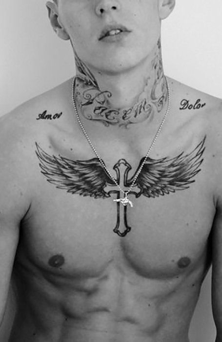 Black and grey cross with wings and word tattoo design for men on chest and neck tattoo ideas