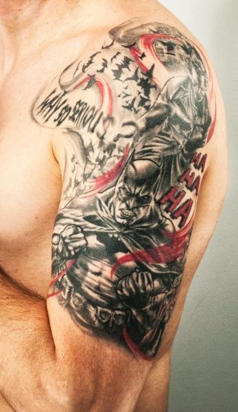 Realistic Batman and Joker tattoo design for men on shoulder and arm with quotes tattoo ideas