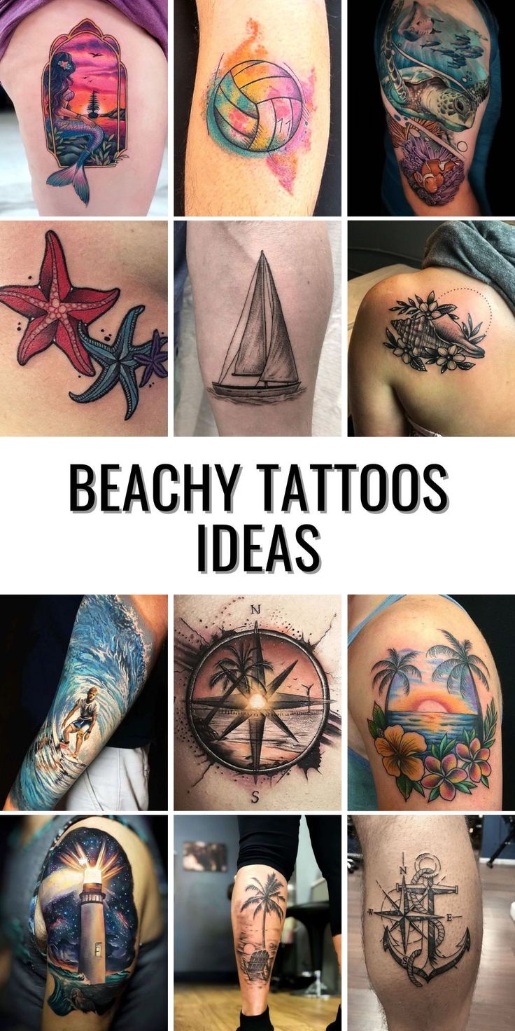 Realistic beachy tattoo design featuring flowers, starfish, compass, and palm trees for men and women tattoo ideas