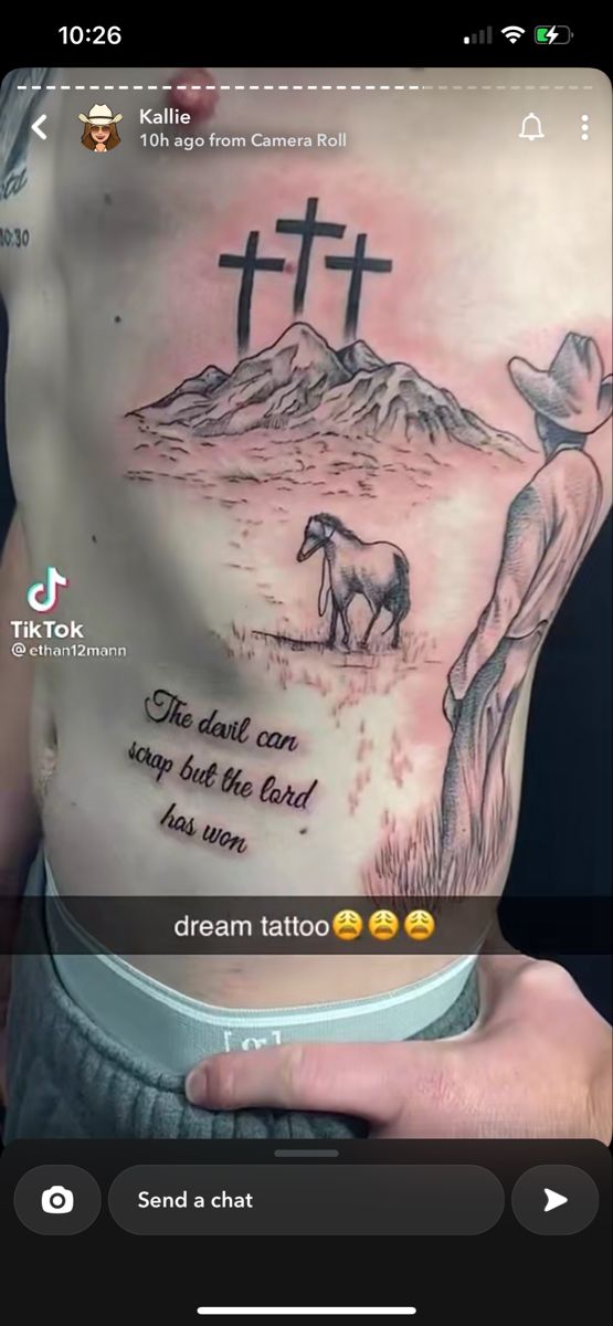 Realism cross, horse, and quote tattoo design for men on chest tattoo ideas