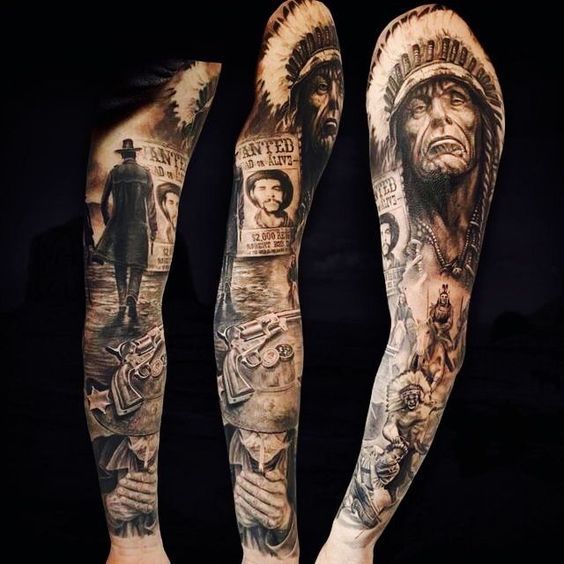 Realistic Native American and wanted poster full sleeve tattoo design concepts for men tattoo ideas