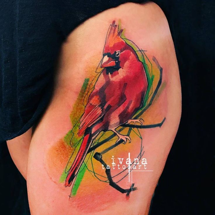 Red cardinal watercolor tattoo design for women on hip tattoo ideas
