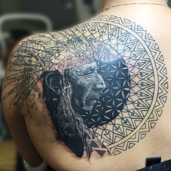 Realistic Native American headdress tattoo design for men on back and shoulder tattoo ideas
