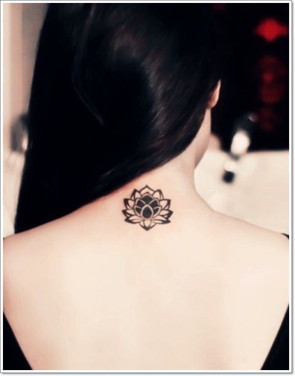 Black and grey lotus flower tattoo design for women on neck tattoo ideas