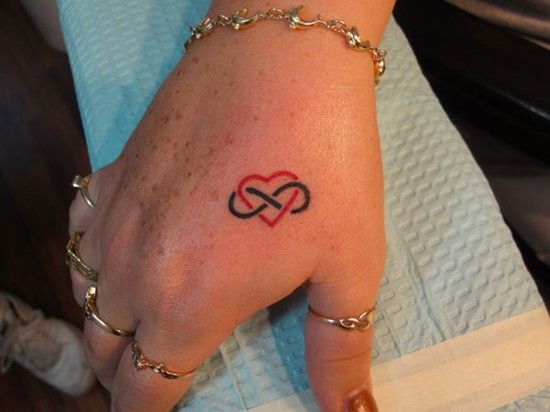 Minimalist heart and infinity tattoo design for women on hand tattoo ideas