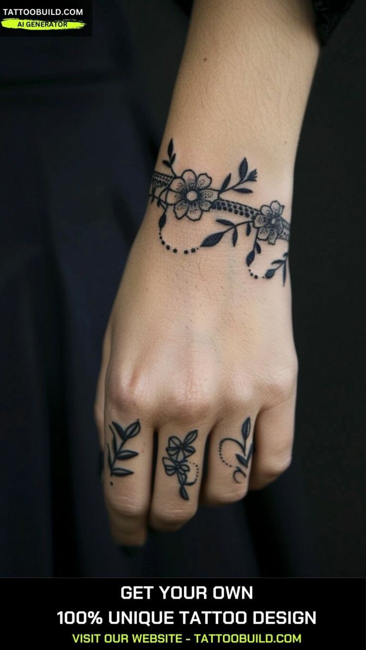 Fine line floral tattoo design for women on forearm and hand tattoo ideas