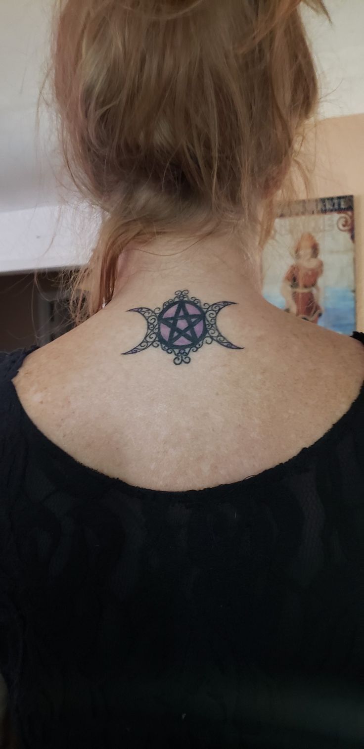 Black and grey moon and star tattoo design for women on neck tattoo ideas