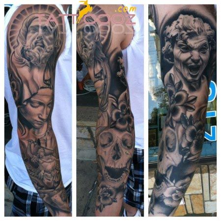 Realistic Jesus, flower and skull tattoo design for men on arm tattoo ideas
