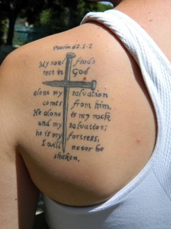Christian quote and cross tattoo designReligious tattoo idea for women on shoulder tattoo ideas