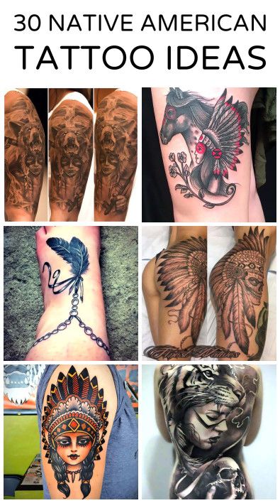 Native american tattoo design for women and men, featuring a tiger and skull on back, traditional style portrait on arm, and realism style horse with headdress on thigh, and feather art on forearm tattoo ideas