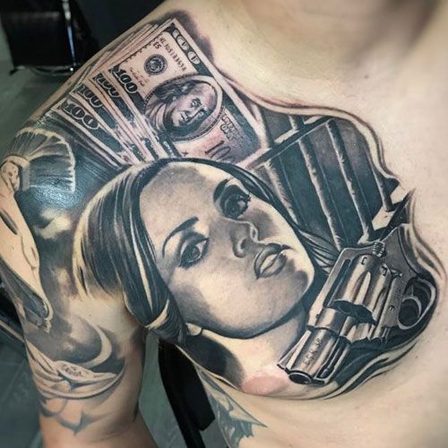 Realistic money and gun tattoo design for women on chest and shoulder tattoo ideas
