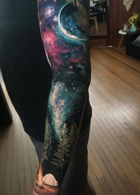 Realistic space, mountain and tree full sleeve tattoo design for men and women tattoo ideas