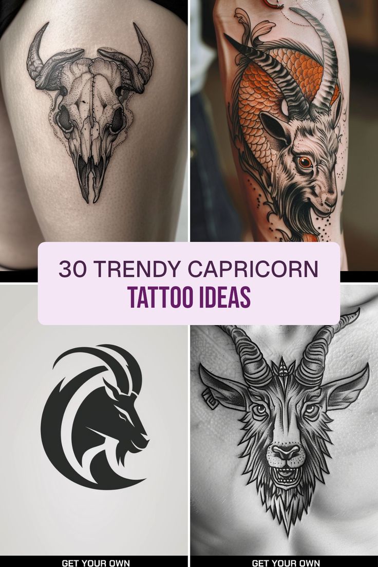 Cool Capricorn skull and goat tattoos design for men and women, featuring realism style on arm or chest tattoo ideas