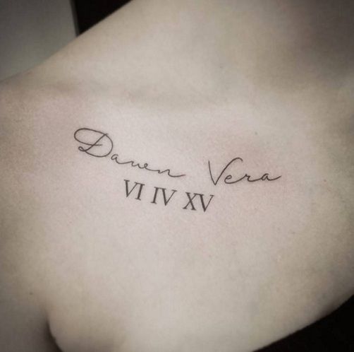 Script name and roman numeral tattoo design for women on chest tattoo ideas
