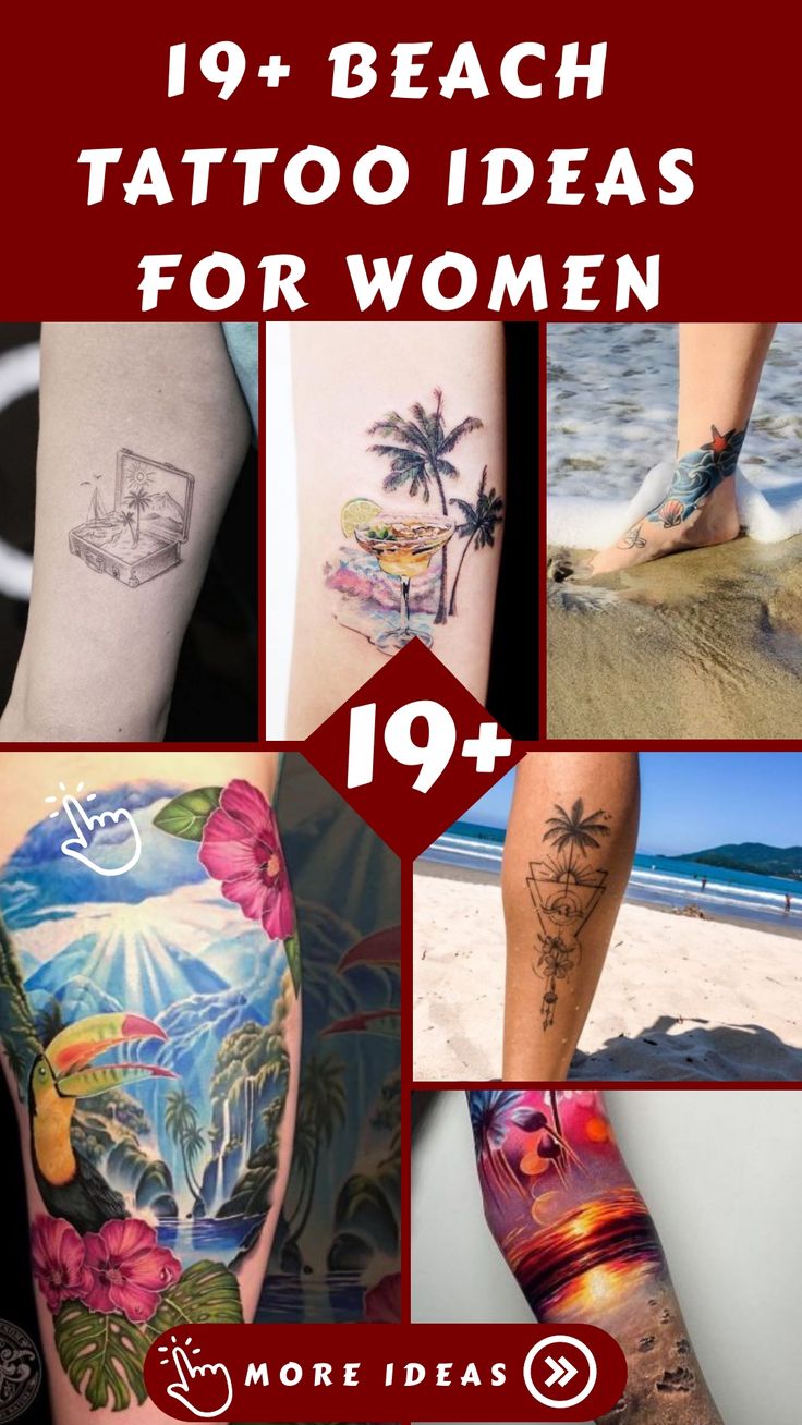 Beach sunset and palm tree tattoo design for women with floral elements tattoo ideas